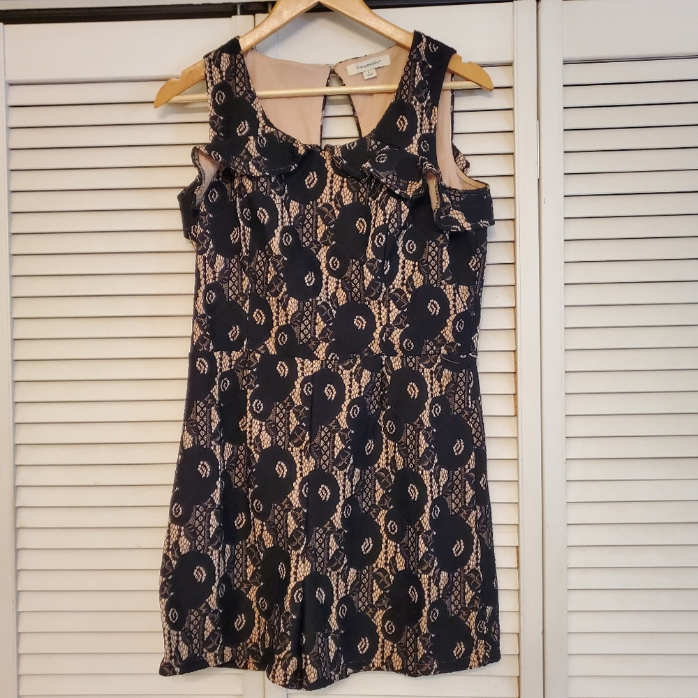 Francesca's Sexy Black and Tan Crochet Floral Romper, Size Large